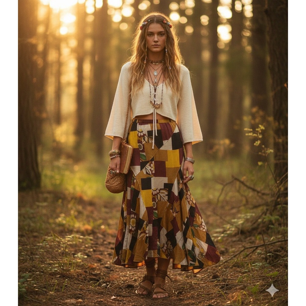 Boho Whimsy Silk Patchwok Skirt XL Hippie Fairycore Indie‎ Grandmacore Granola